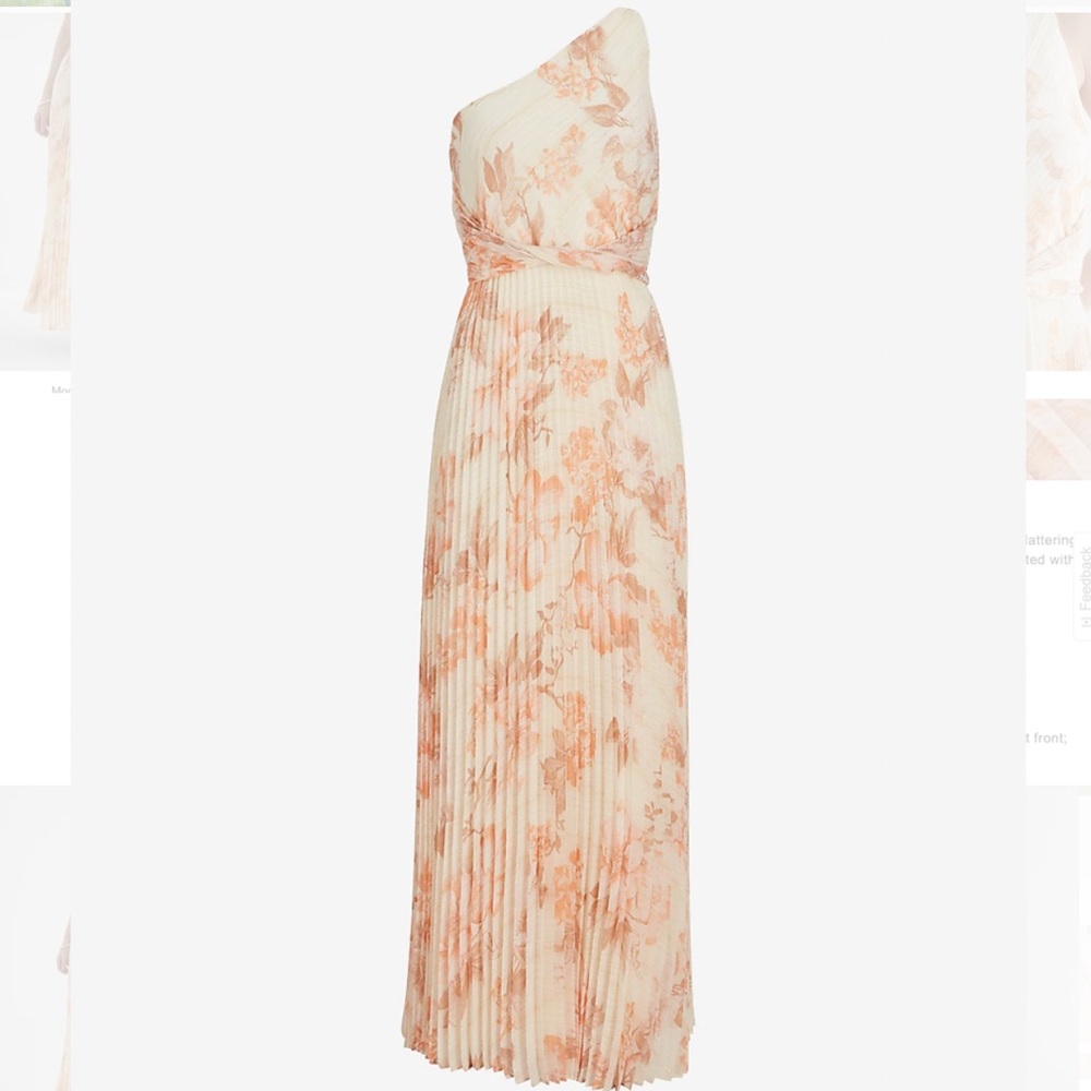 Metallic Floral One Shoulder Twist Front Pleated Maxi Dress (S)